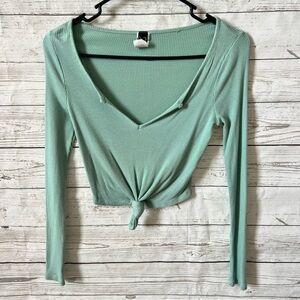 Mint Green Ribbed Knot Front Crop Top